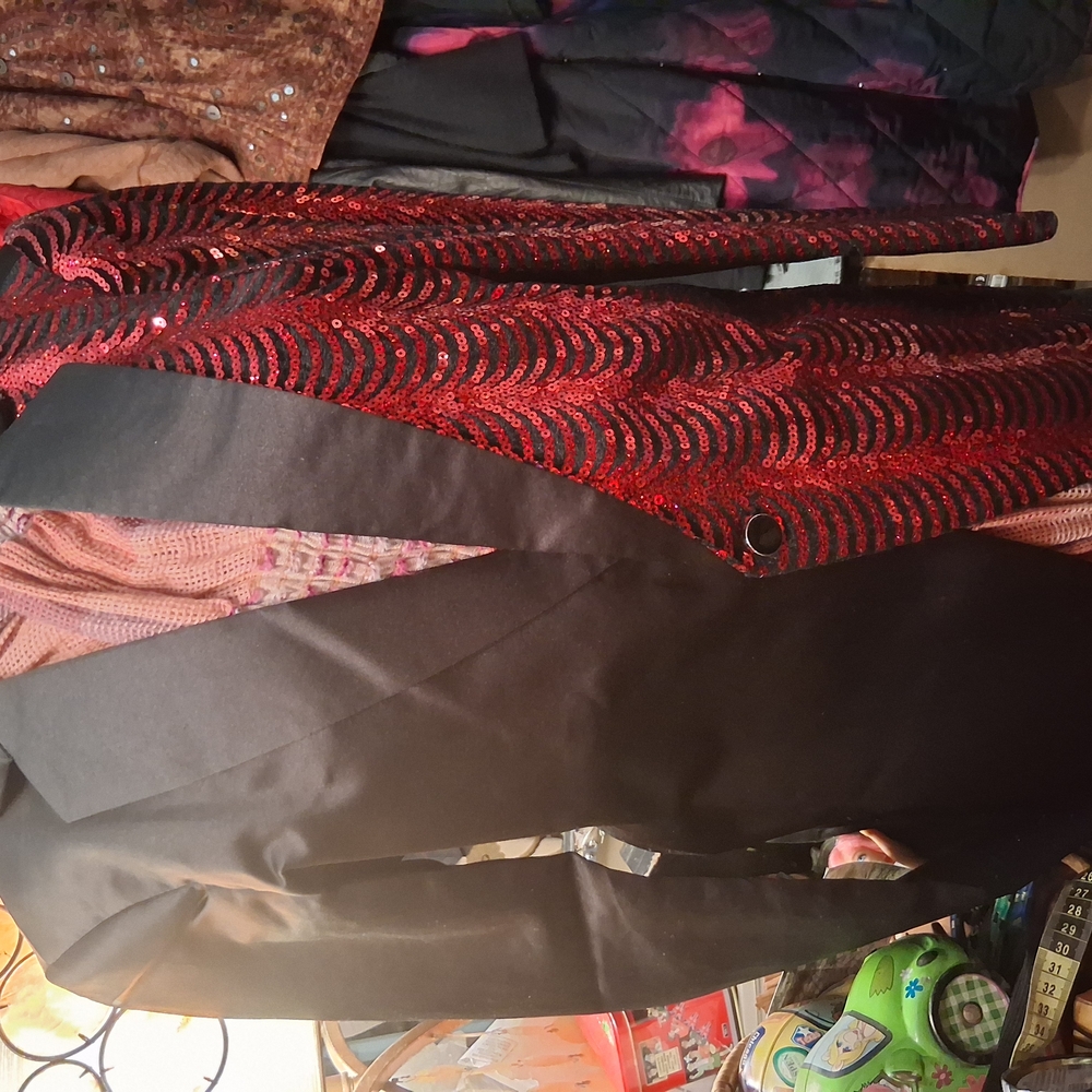 Red and Black Patterned Blazer with Bold Design the red is a sequin pattern. M.